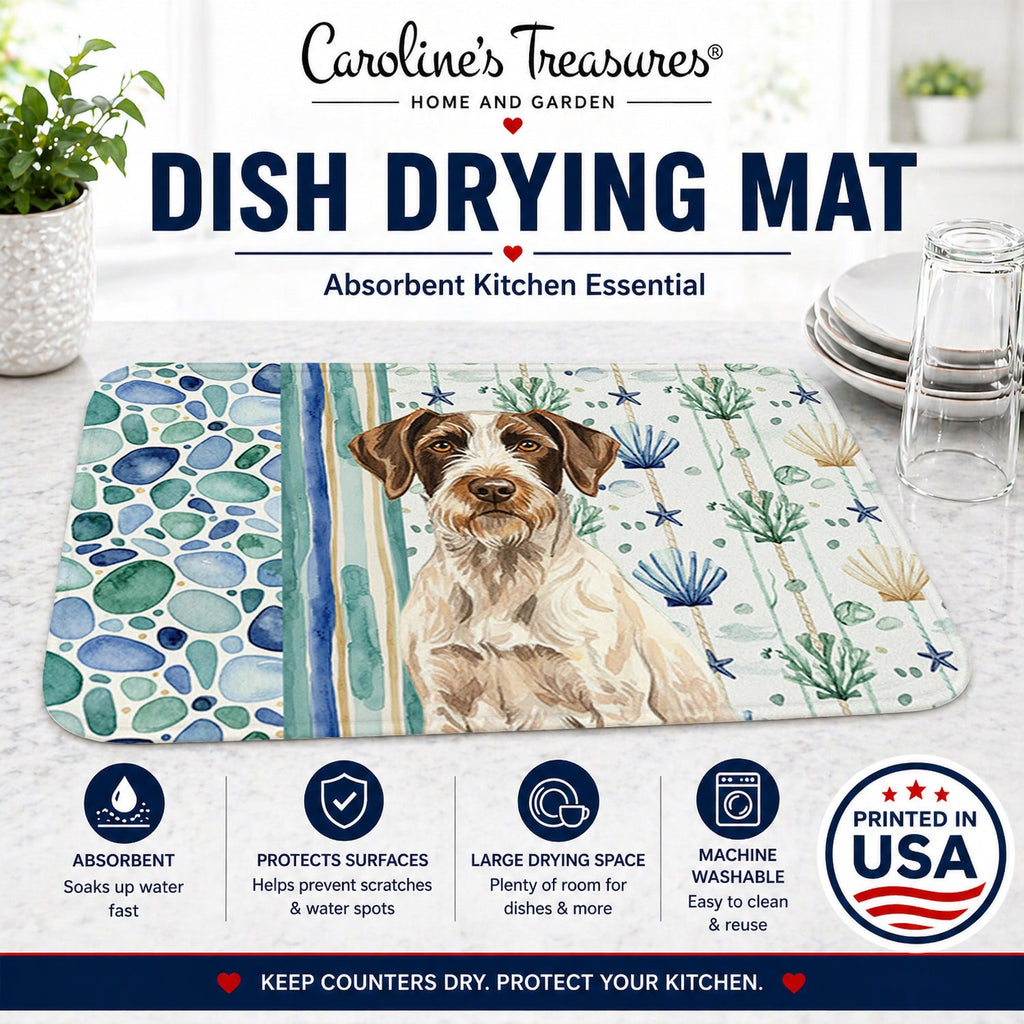 Liver and White German Wirehaired Pointer Coastal Sea Glass Dish Drying Mat Absorbent Dish Drying Mat Pad for Kitchen Counter Dish Drainer Mat for Countertop, 14 x 21", Multicolor