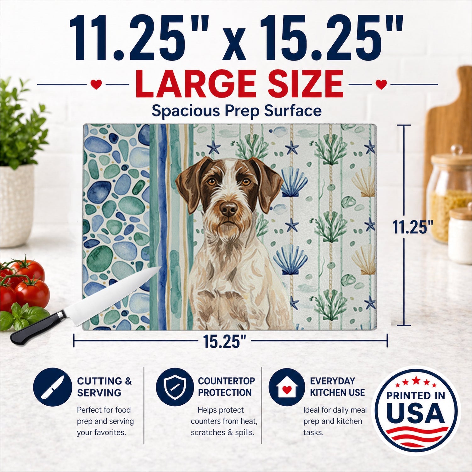 Liver and White German Wirehaired Pointer Coastal Sea Glass Cutting Board Tempered Glass Kitchen Cutting Surface, Heat Resistant Chopping, Non-Slip Feet, Food Prep & Serving