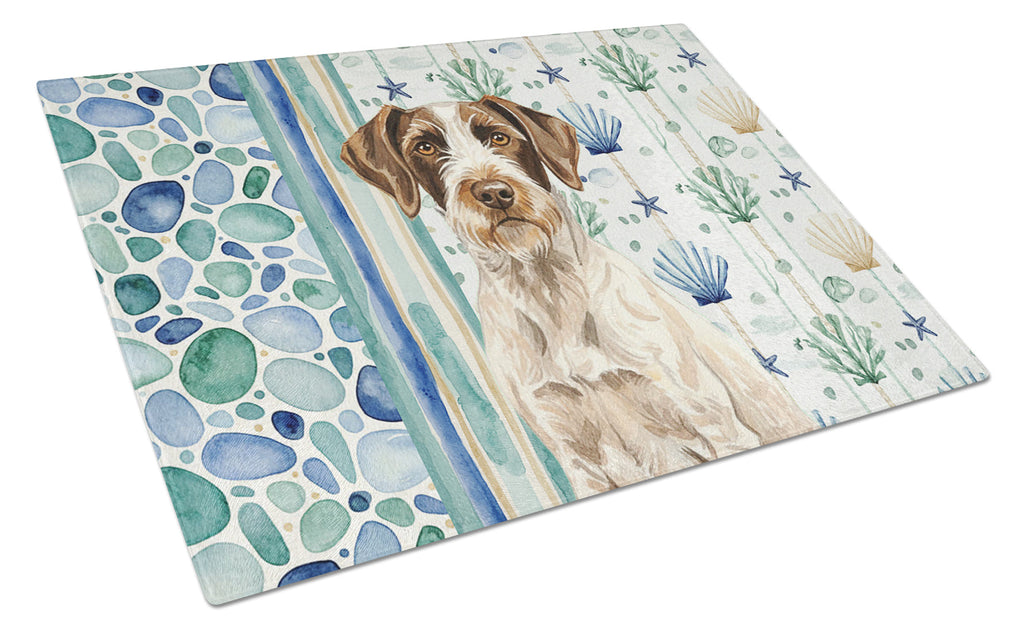Liver and White German Wirehaired Pointer Coastal Sea Glass Cutting Board Tempered Glass Kitchen Cutting Surface, Heat Resistant Chopping, Non-Slip Feet, Food Prep & Serving