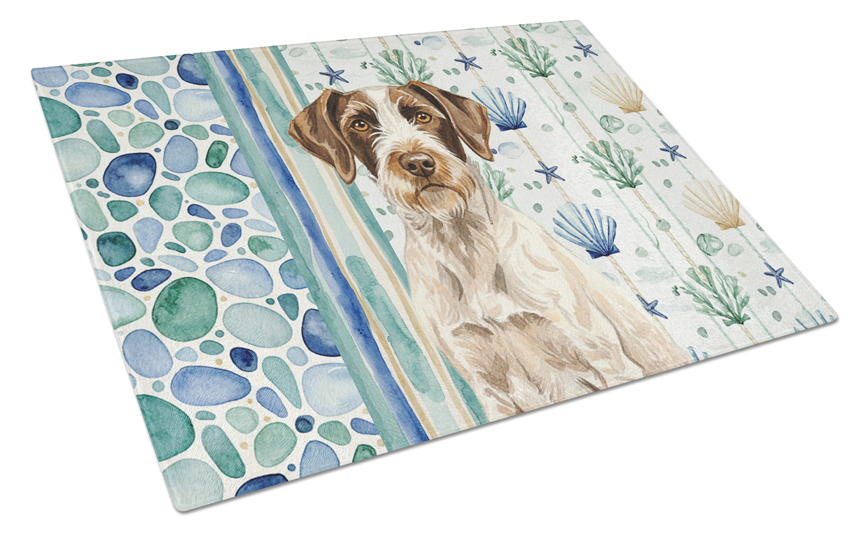 Liver and White German Wirehaired Pointer Coastal Sea Glass Cutting Board Tempered Glass Kitchen Cutting Surface, Heat Resistant Chopping, Non-Slip Feet, Food Prep & Serving