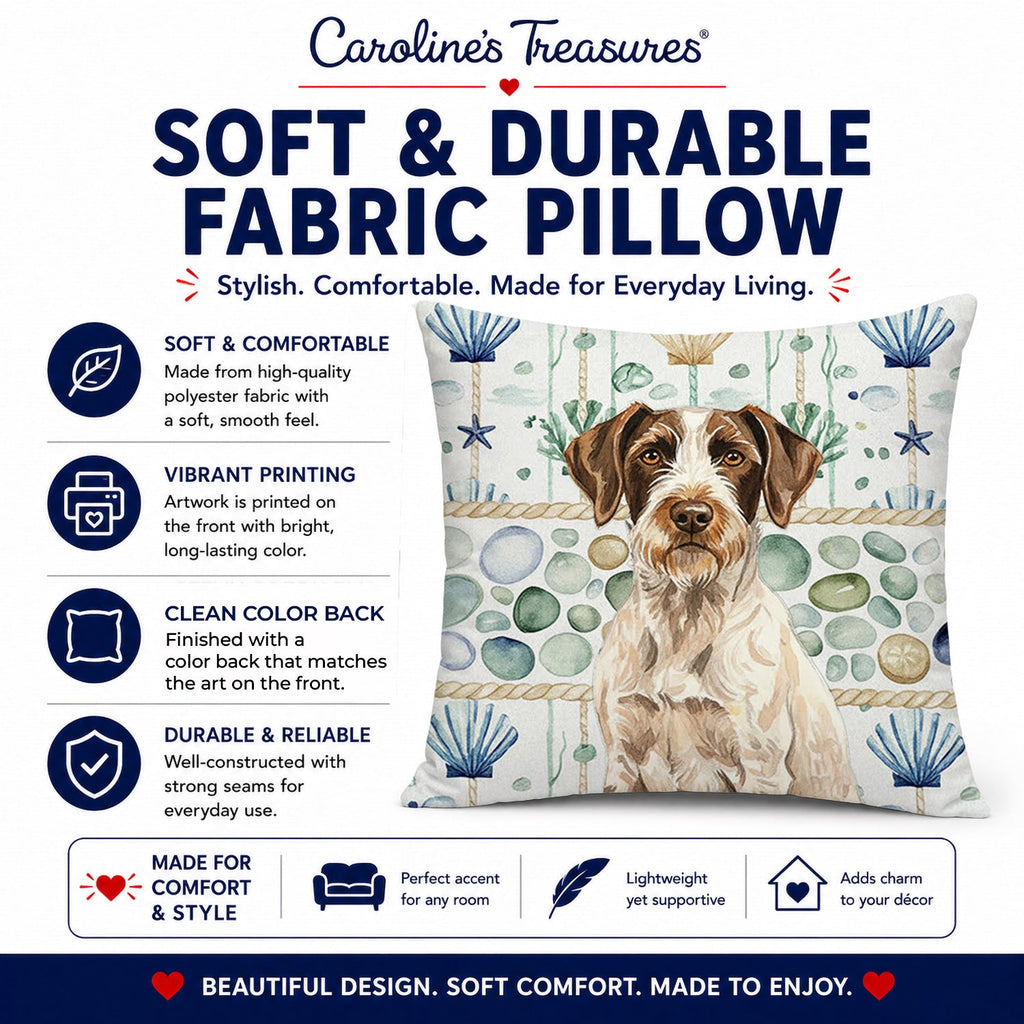 Liver and White German Wirehaired Pointer Coastal Sea Glass Decorative Throw Pillow 14x14 Indoor Outdoor Accent Cushion, Fabric Cover with Insert for Sofa, Bed, Porch & Living Room