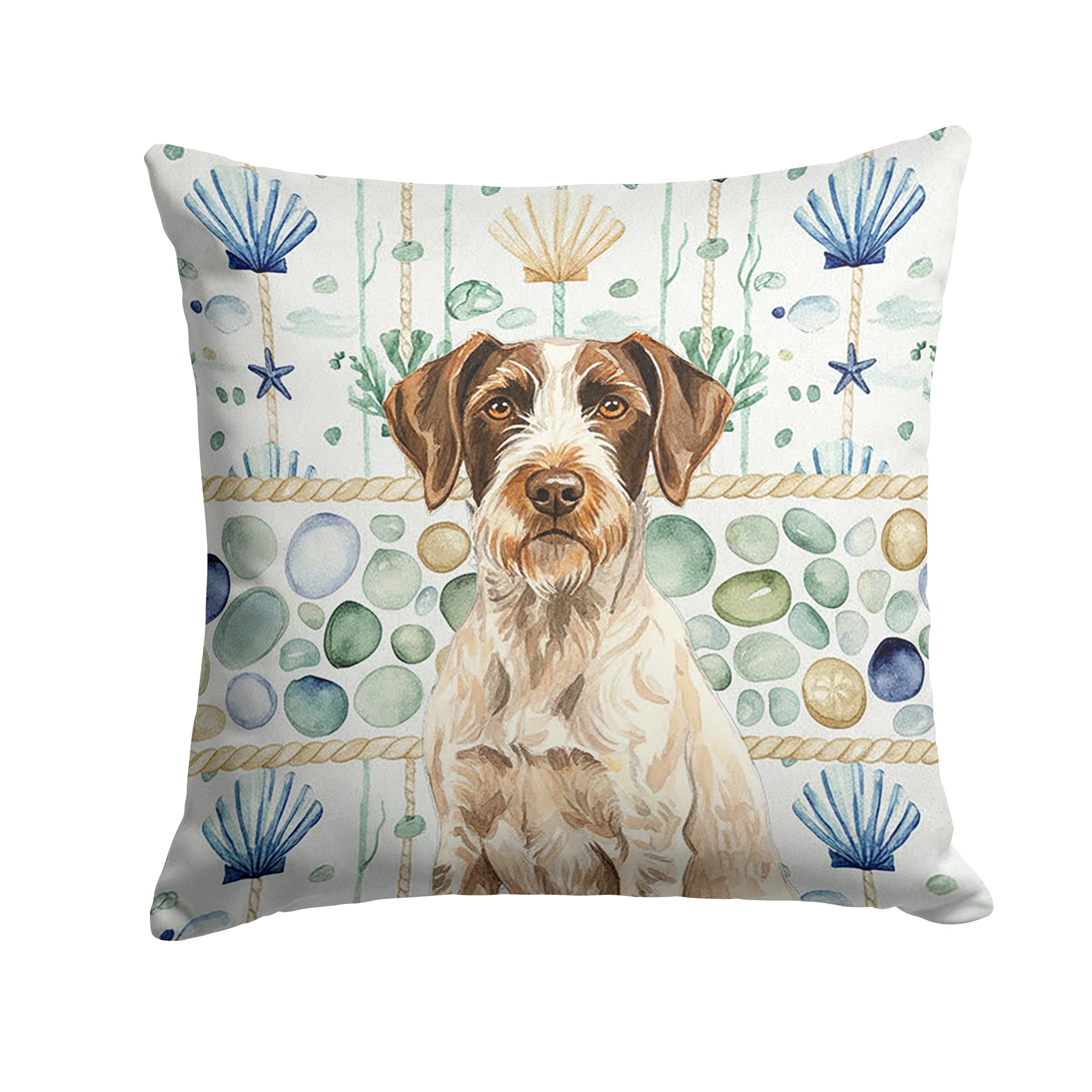 Liver and White German Wirehaired Pointer Coastal Sea Glass Decorative Throw Pillow 14x14 Indoor Outdoor Accent Cushion, Fabric Cover with Insert for Sofa, Bed, Porch & Living Room