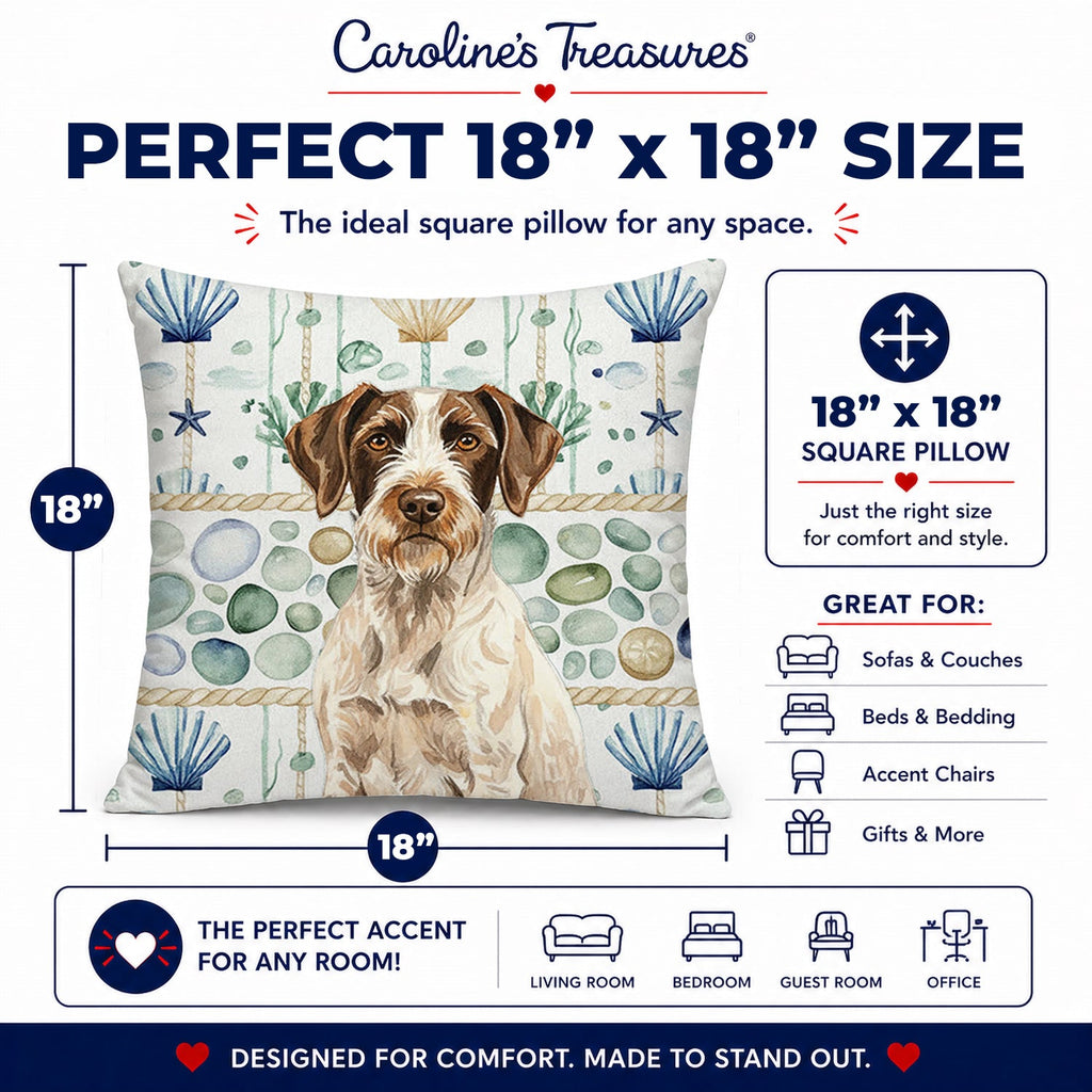 Liver and White German Wirehaired Pointer Coastal Sea Glass Decorative Throw Pillow 18x18 Indoor Outdoor Accent Cushion, Fabric Cover with Insert for Sofa, Bed, Porch & Living Room