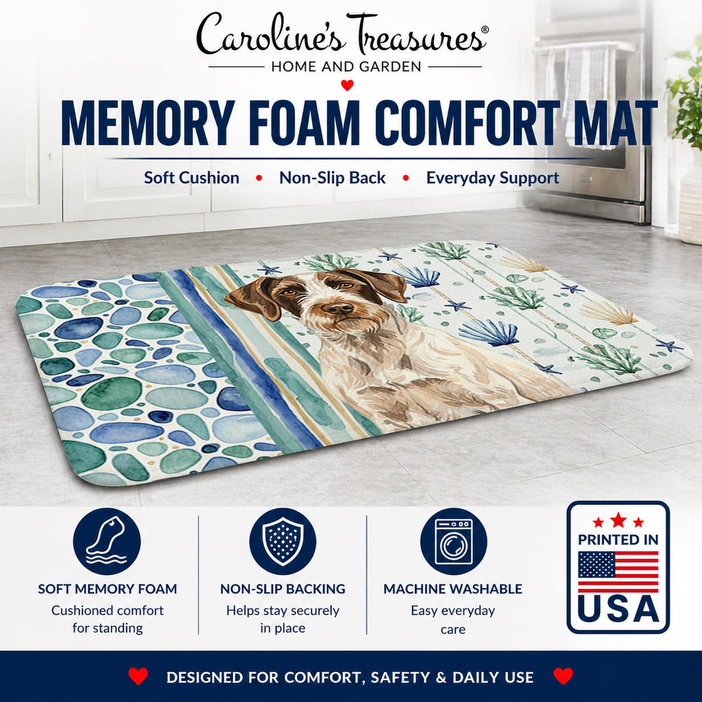 Liver and White German Wirehaired Pointer Coastal Sea Glass Memory Foam Kitchen Mat Machine Washable Anti-Fatigue Cushion Comfort Bath or Kitchen Rug