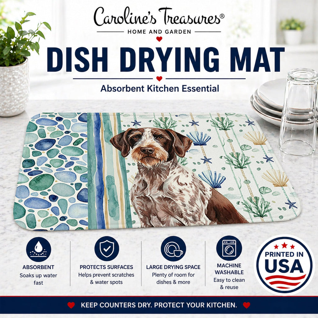 Roan German Wirehaired Pointer Coastal Sea Glass Dish Drying Mat Absorbent Dish Drying Mat Pad for Kitchen Counter Dish Drainer Mat for Countertop, 14 x 21", Multicolor