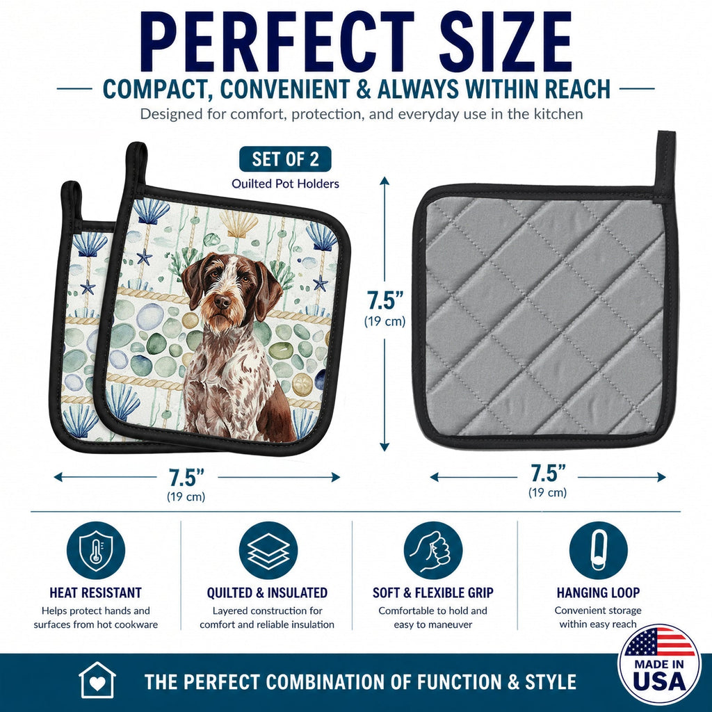 Roan German Wirehaired Pointer Coastal Sea Glass Pot Holder Set of 2 Heat Resistant Quilted Hot Pads 7.5 x 7.5 Inch, Insulated Kitchen Trivets for Cooking & Baking
