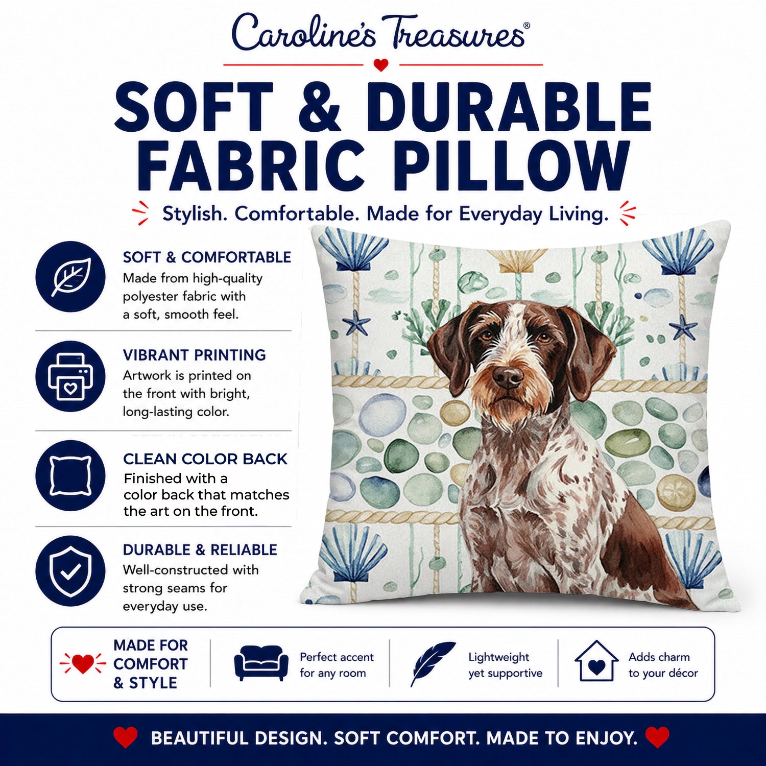 Roan German Wirehaired Pointer Coastal Sea Glass Decorative Throw Pillow 14x14 Indoor Outdoor Accent Cushion, Fabric Cover with Insert for Sofa, Bed, Porch & Living Room