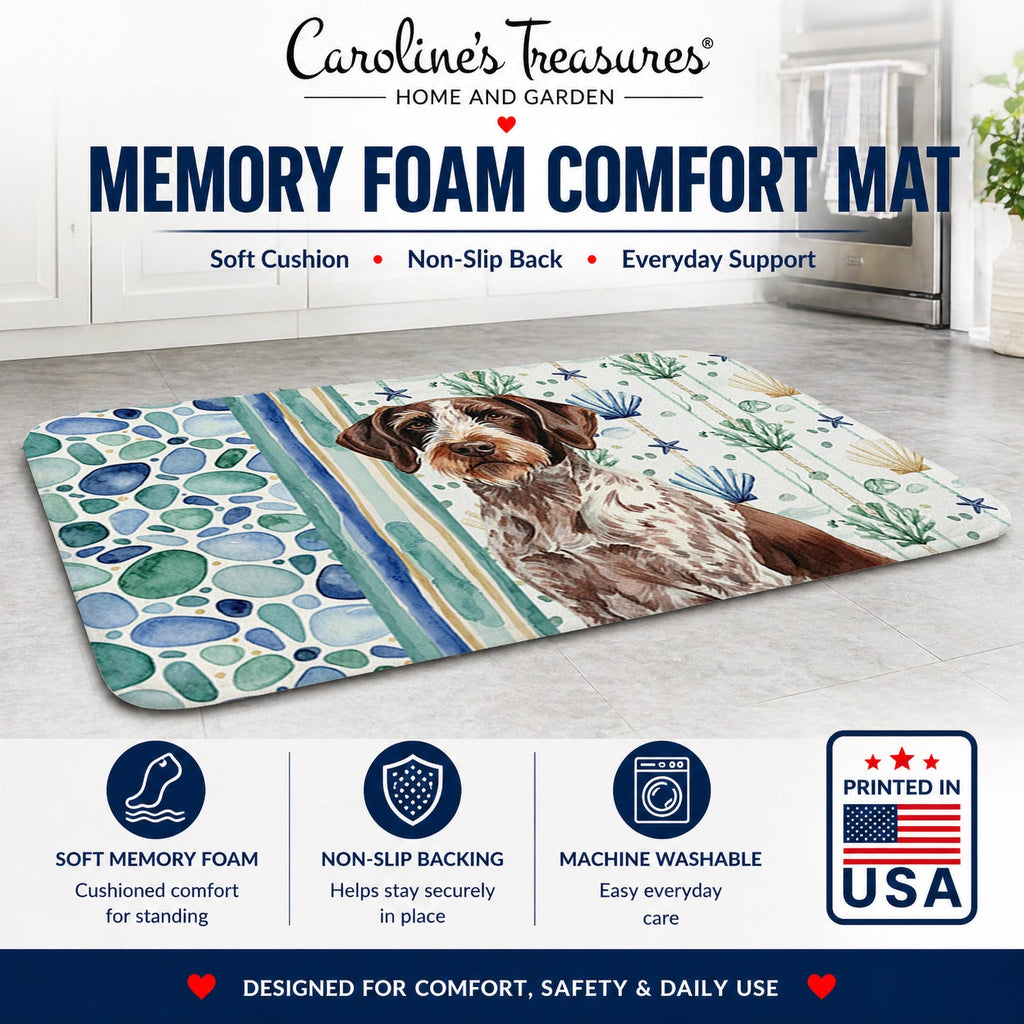 Roan German Wirehaired Pointer Coastal Sea Glass Memory Foam Kitchen Mat Machine Washable Anti-Fatigue Cushion Comfort Bath or Kitchen Rug