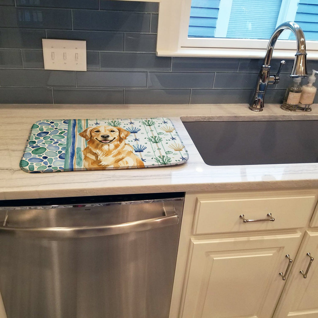 Golden Retriever Coastal Sea Glass Dish Drying Mat Absorbent Dish Drying Mat Pad for Kitchen Counter Dish Drainer Mat for Countertop, 14 x 21", Multicolor