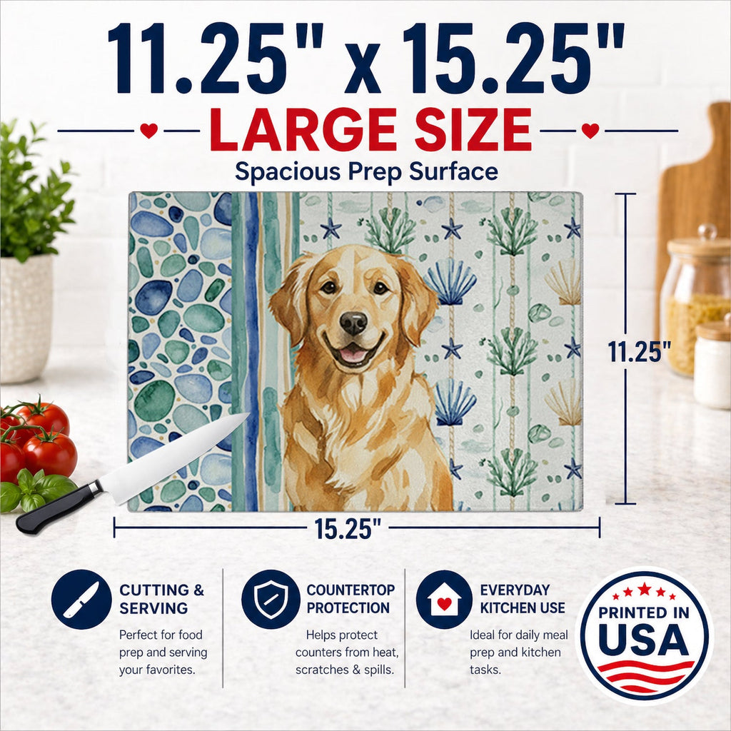 Golden Retriever Coastal Sea Glass Cutting Board Tempered Glass Kitchen Cutting Surface, Heat Resistant Chopping, Non-Slip Feet, Food Prep & Serving
