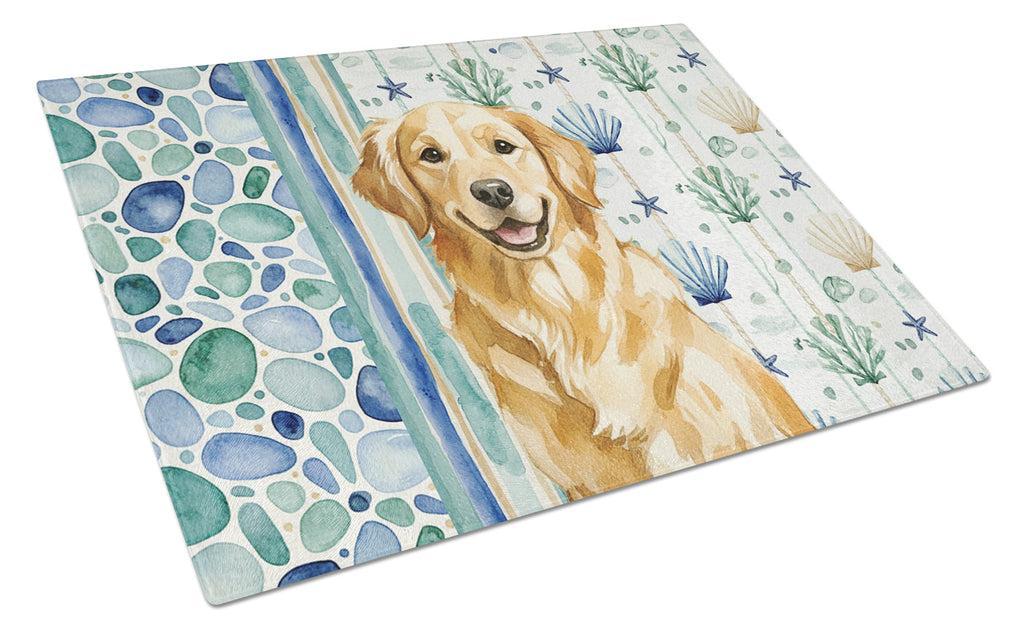 Golden Retriever Coastal Sea Glass Cutting Board Tempered Glass Kitchen Cutting Surface, Heat Resistant Chopping, Non-Slip Feet, Food Prep & Serving