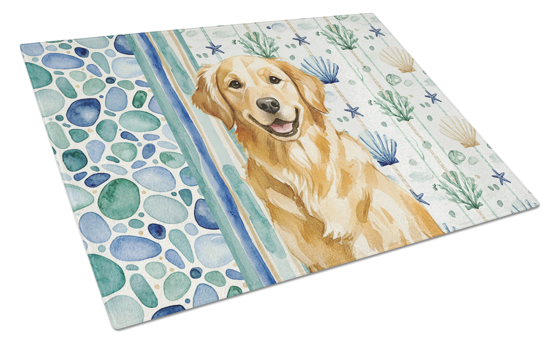 Golden Retriever Coastal Sea Glass Cutting Board Tempered Glass Kitchen Cutting Surface, Heat Resistant Chopping, Non-Slip Feet, Food Prep & Serving