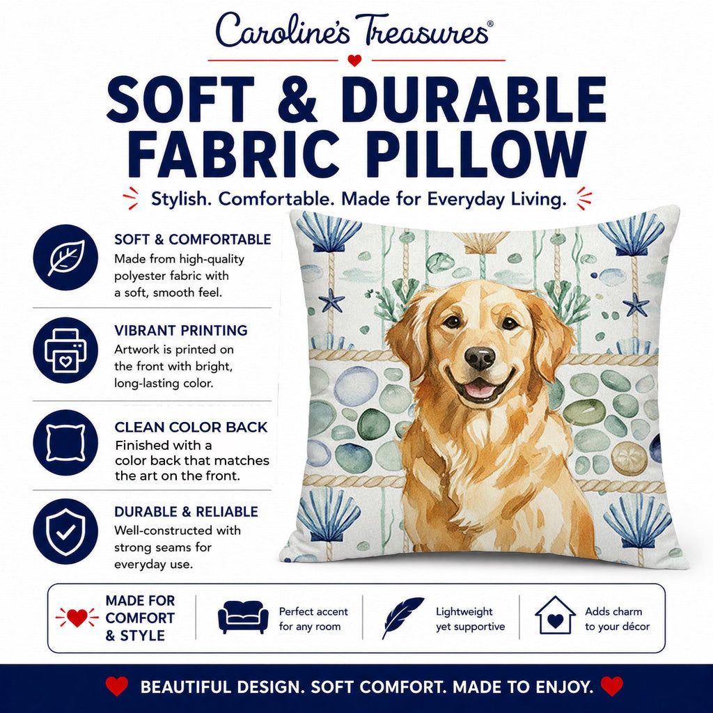 Golden Retriever Coastal Sea Glass Decorative Throw Pillow 18x18 Indoor Outdoor Accent Cushion, Fabric Cover with Insert for Sofa, Bed, Porch & Living Room