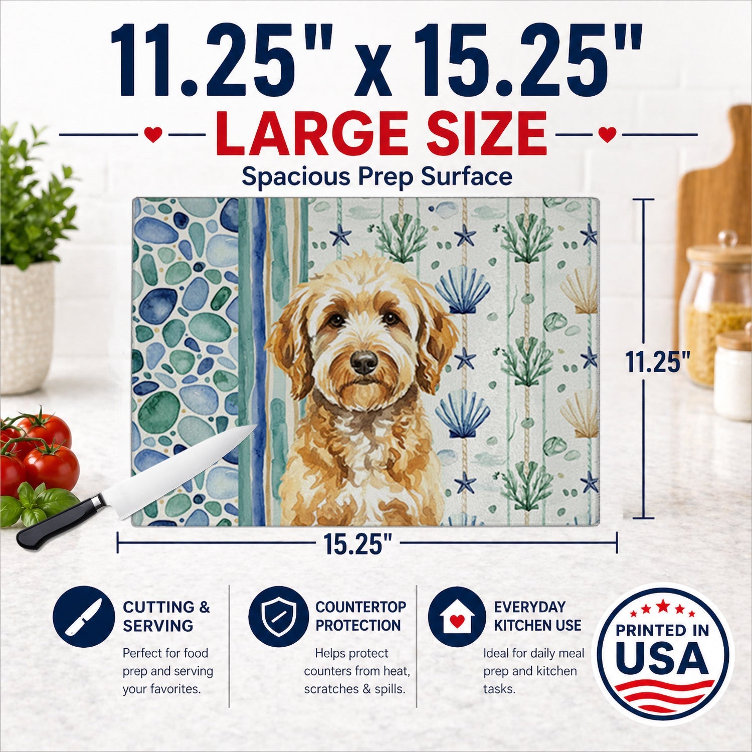 Goldendoodle Coastal Sea Glass Cutting Board Tempered Glass Kitchen Cutting Surface, Heat Resistant Chopping, Non-Slip Feet, Food Prep & Serving