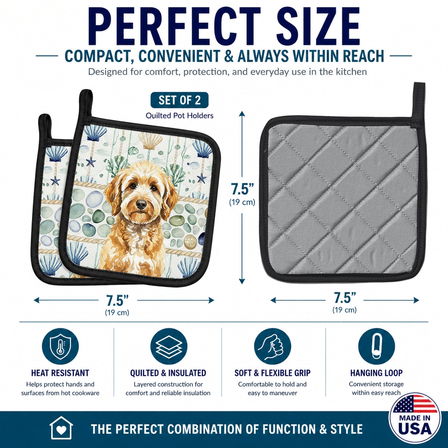 Goldendoodle Coastal Sea Glass Pot Holder Set of 2 Heat Resistant Quilted Hot Pads 7.5 x 7.5 Inch, Insulated Kitchen Trivets for Cooking & Baking