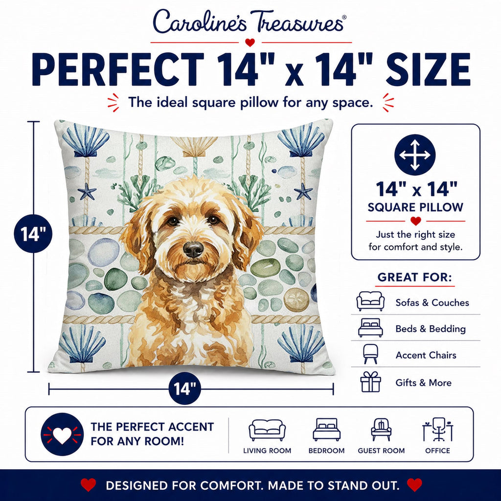 Goldendoodle Coastal Sea Glass Decorative Throw Pillow 14x14 Indoor Outdoor Accent Cushion, Fabric Cover with Insert for Sofa, Bed, Porch & Living Room
