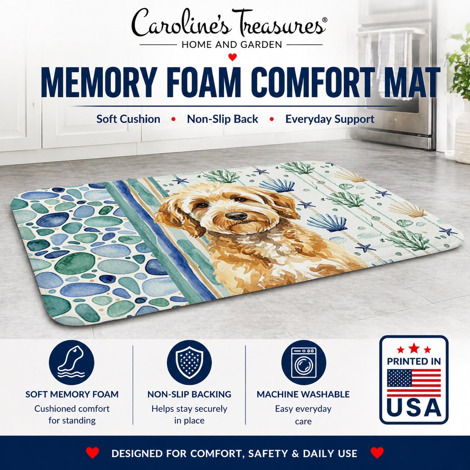 Goldendoodle Coastal Sea Glass Memory Foam Kitchen Mat Machine Washable Anti-Fatigue Cushion Comfort Bath or Kitchen Rug