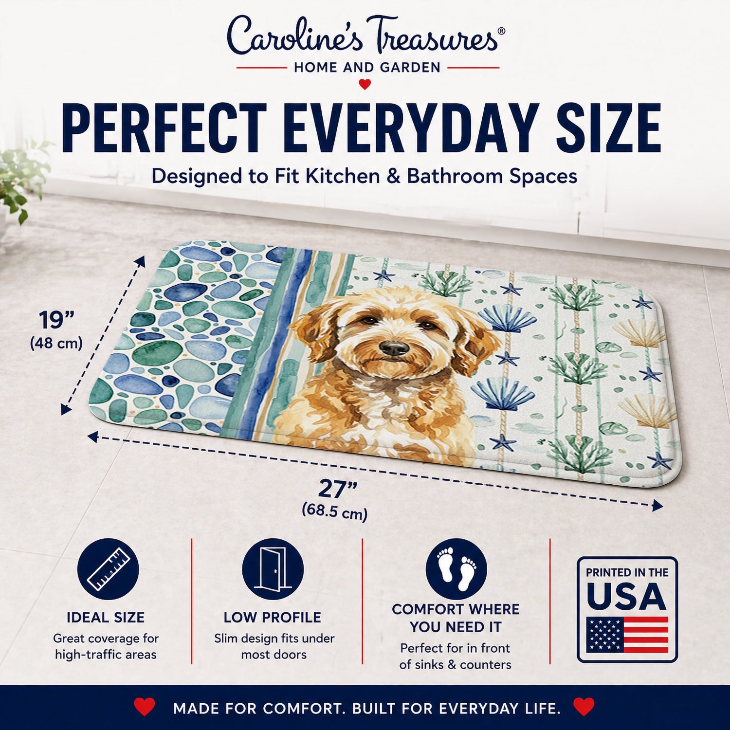 Goldendoodle Coastal Sea Glass Memory Foam Kitchen Mat Machine Washable Anti-Fatigue Cushion Comfort Bath or Kitchen Rug