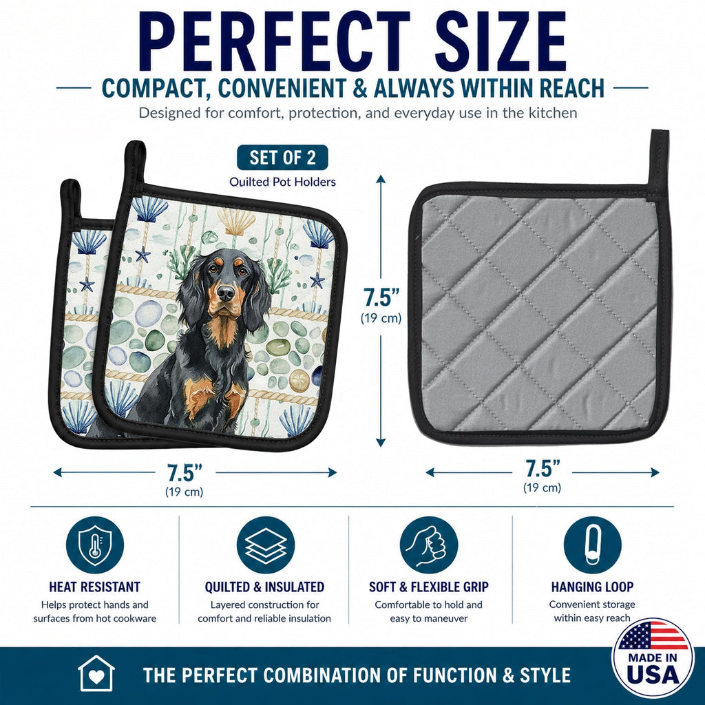 Gordon Setter Coastal Sea Glass Pot Holder Set of 2 Heat Resistant Quilted Hot Pads 7.5 x 7.5 Inch, Insulated Kitchen Trivets for Cooking & Baking
