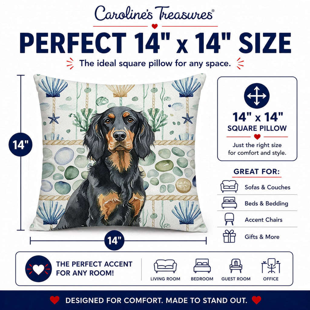 Gordon Setter Coastal Sea Glass Decorative Throw Pillow 14x14 Indoor Outdoor Accent Cushion, Fabric Cover with Insert for Sofa, Bed, Porch & Living Room