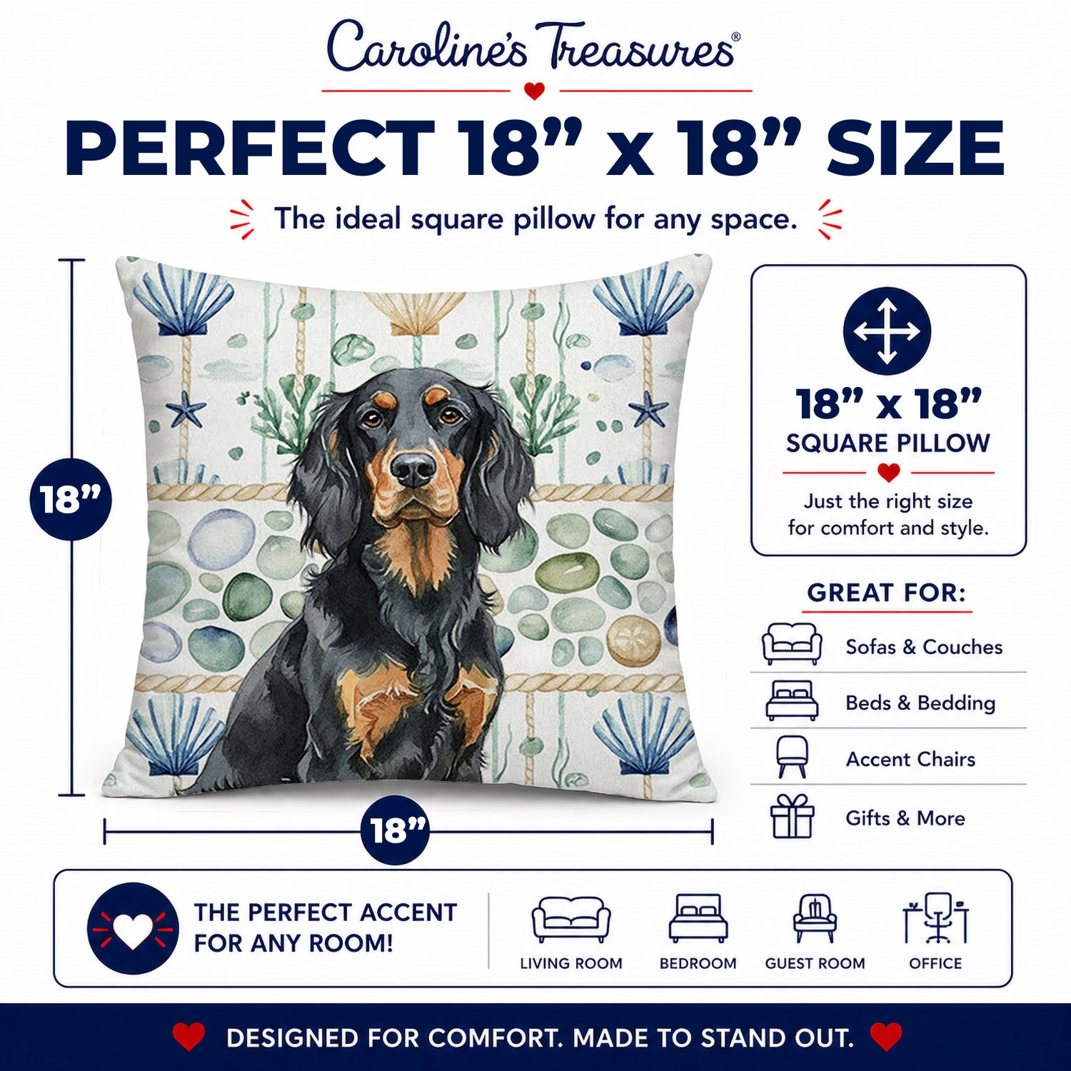 Gordon Setter Coastal Sea Glass Decorative Throw Pillow 18x18 Indoor Outdoor Accent Cushion, Fabric Cover with Insert for Sofa, Bed, Porch & Living Room