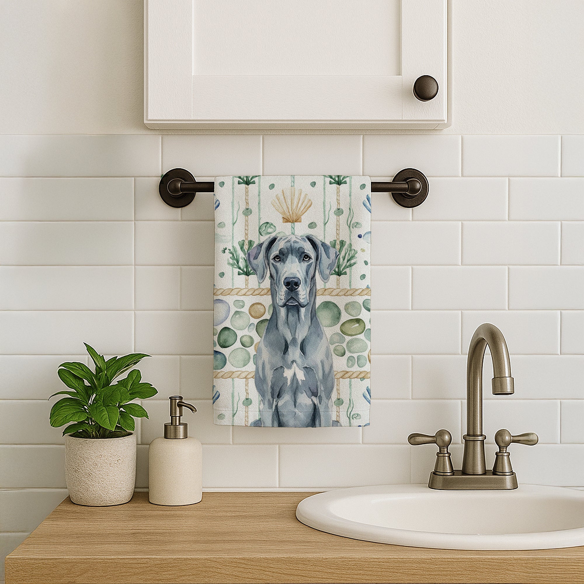 Blue Great Dane Coastal Sea Glass Kitchen Towel Velour Plush Front and Cotton Loop Back Machine Washable