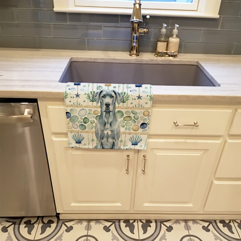 Blue Great Dane Coastal Sea Glass Kitchen Towel Velour Plush Front and Cotton Loop Back Machine Washable