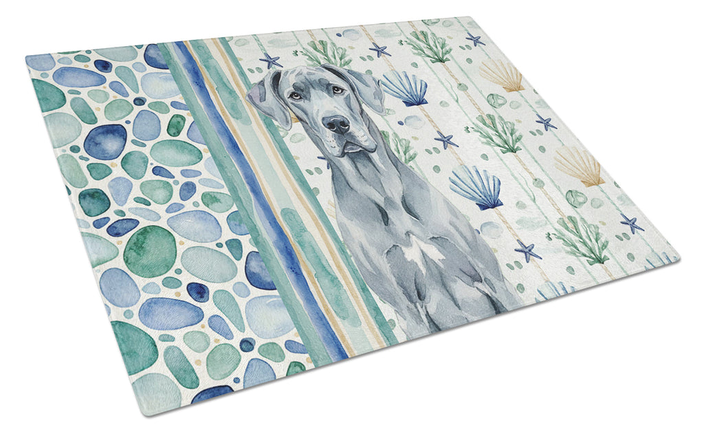 Blue Great Dane Coastal Sea Glass Cutting Board Tempered Glass Kitchen Cutting Surface, Heat Resistant Chopping, Non-Slip Feet, Food Prep & Serving