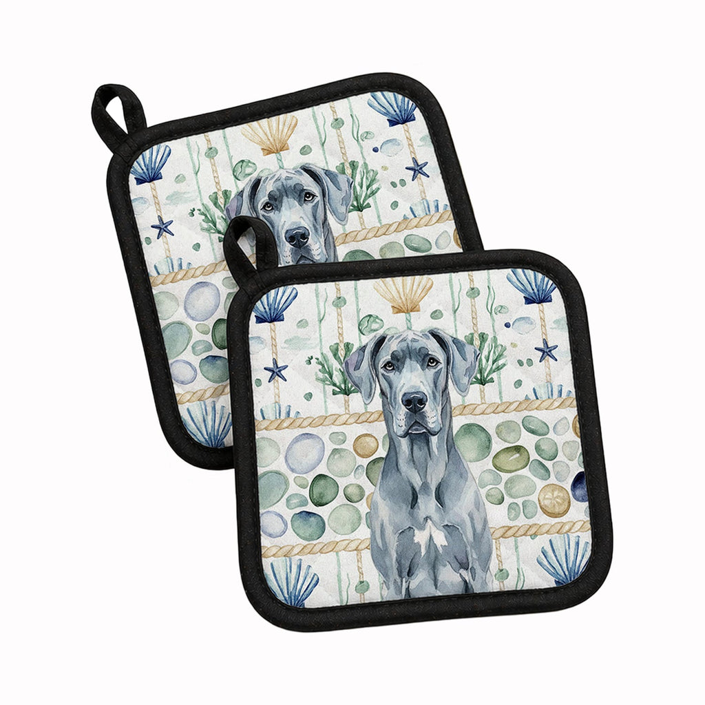 Blue Great Dane Coastal Sea Glass Pot Holder Set of 2 Heat Resistant Quilted Hot Pads 7.5 x 7.5 Inch, Insulated Kitchen Trivets for Cooking & Baking
