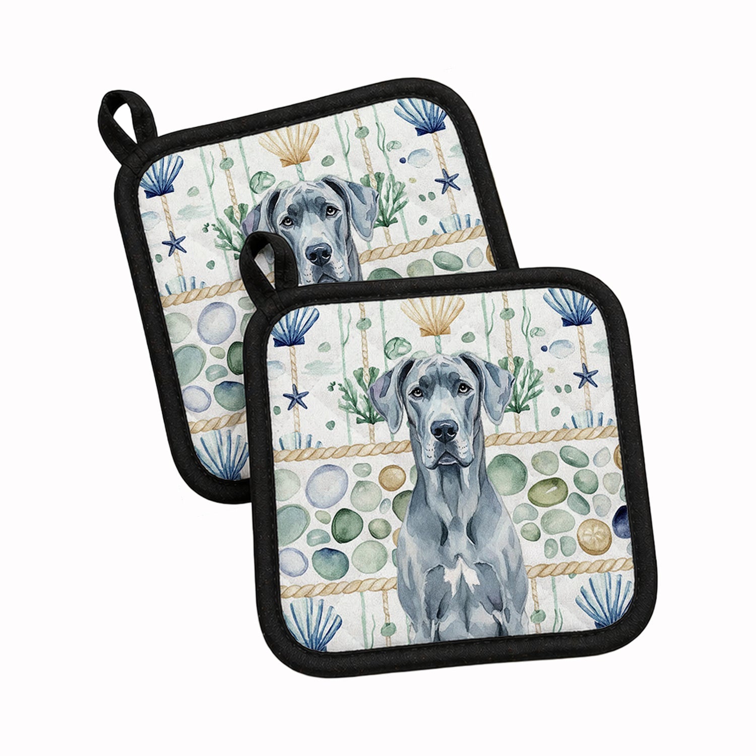 Blue Great Dane Coastal Sea Glass Pot Holder Set of 2 Heat Resistant Quilted Hot Pads 7.5 x 7.5 Inch, Insulated Kitchen Trivets for Cooking & Baking