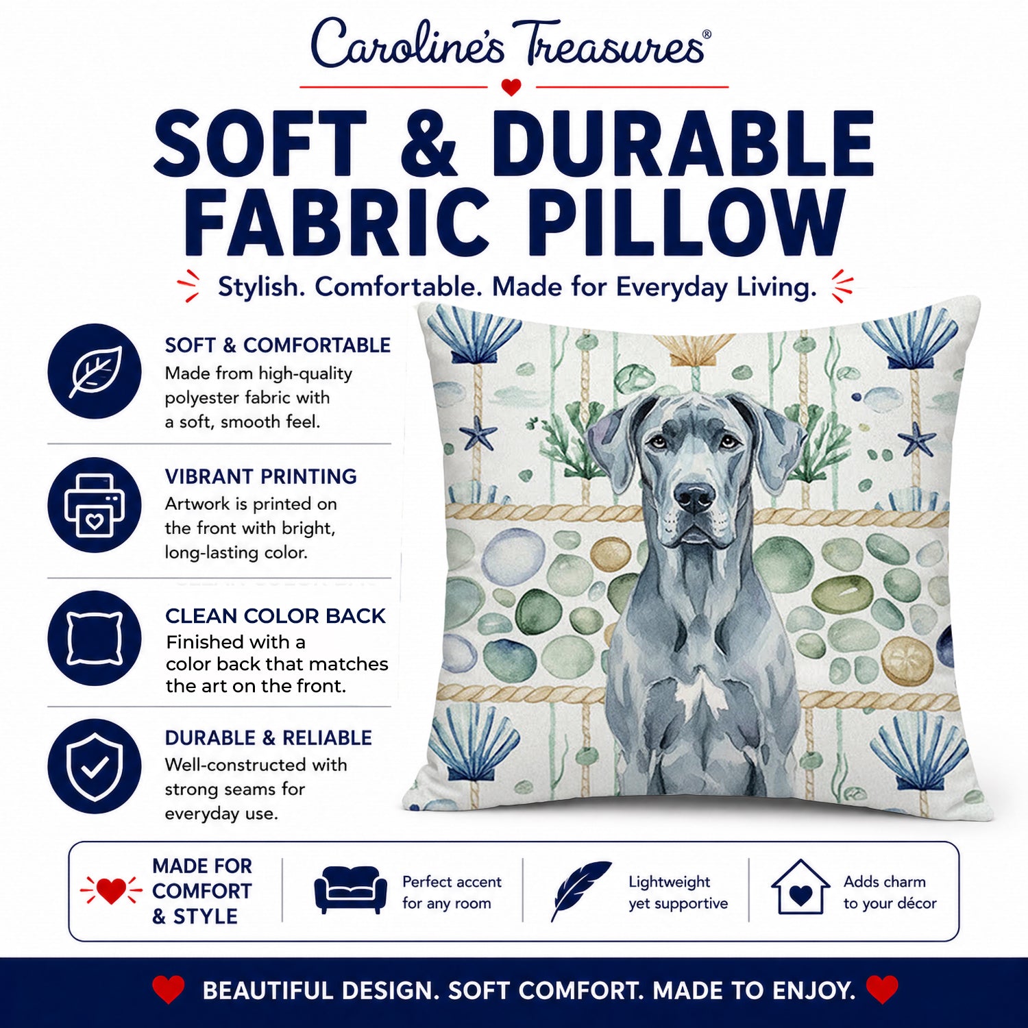 Blue Great Dane Coastal Sea Glass Decorative Throw Pillow 14x14 Indoor Outdoor Accent Cushion, Fabric Cover with Insert for Sofa, Bed, Porch & Living Room