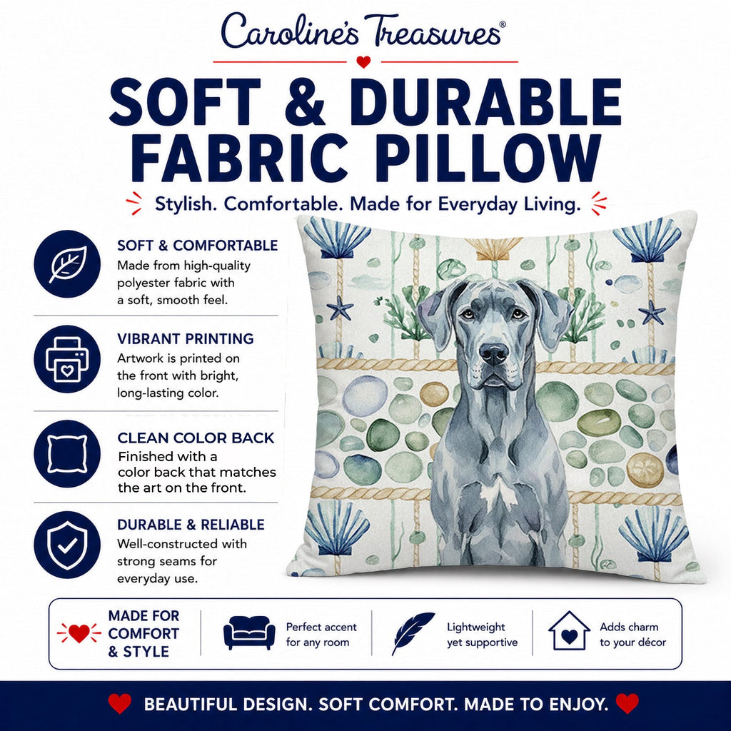 Blue Great Dane Coastal Sea Glass Decorative Throw Pillow 18x18 Indoor Outdoor Accent Cushion, Fabric Cover with Insert for Sofa, Bed, Porch & Living Room