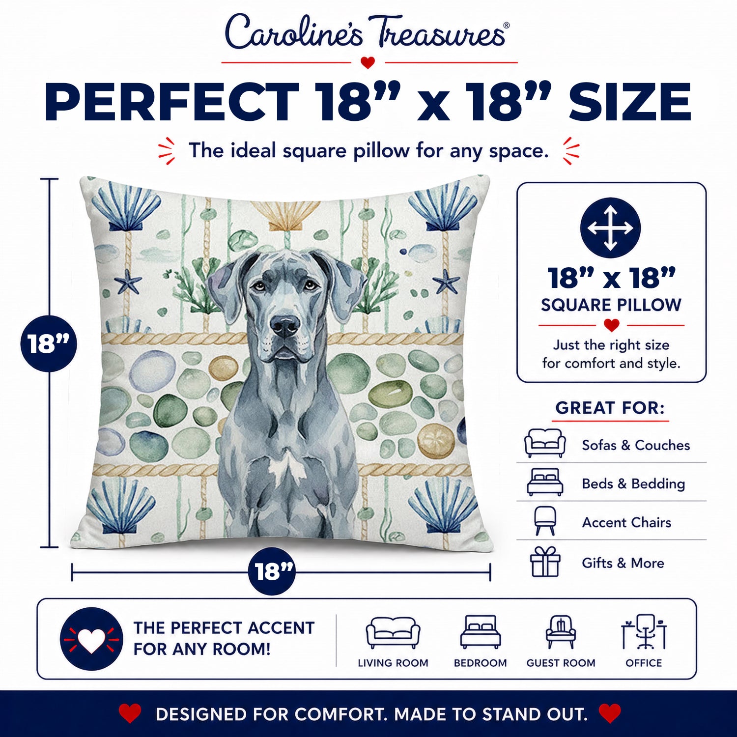 Blue Great Dane Coastal Sea Glass Decorative Throw Pillow 18x18 Indoor Outdoor Accent Cushion, Fabric Cover with Insert for Sofa, Bed, Porch & Living Room