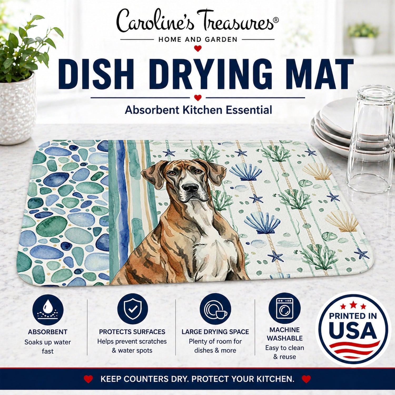 Brindle Great Dane Coastal Sea Glass Dish Drying Mat Absorbent Dish Drying Mat Pad for Kitchen Counter Dish Drainer Mat for Countertop, 14 x 21", Multicolor