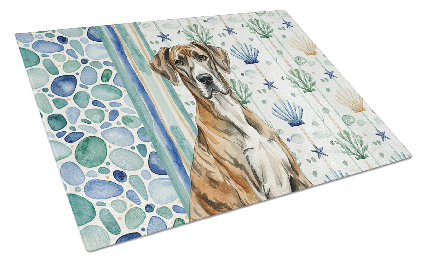 Brindle Great Dane Coastal Sea Glass Cutting Board Tempered Glass Kitchen Cutting Surface, Heat Resistant Chopping, Non-Slip Feet, Food Prep & Serving