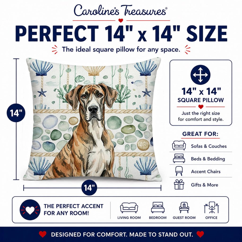 Brindle Great Dane Coastal Sea Glass Decorative Throw Pillow 14x14 Indoor Outdoor Accent Cushion, Fabric Cover with Insert for Sofa, Bed, Porch & Living Room