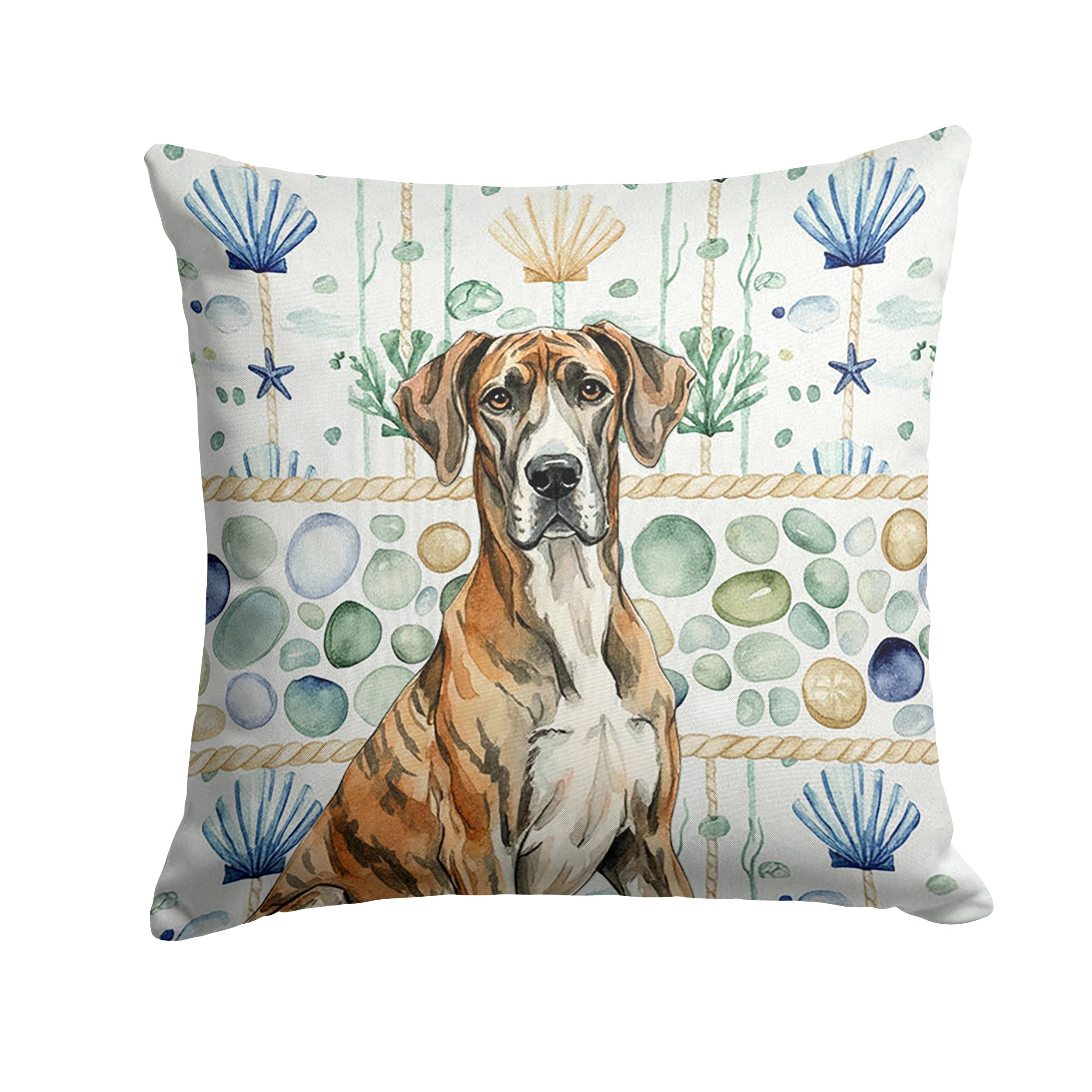 Brindle Great Dane Coastal Sea Glass Decorative Throw Pillow 14x14 Indoor Outdoor Accent Cushion, Fabric Cover with Insert for Sofa, Bed, Porch & Living Room