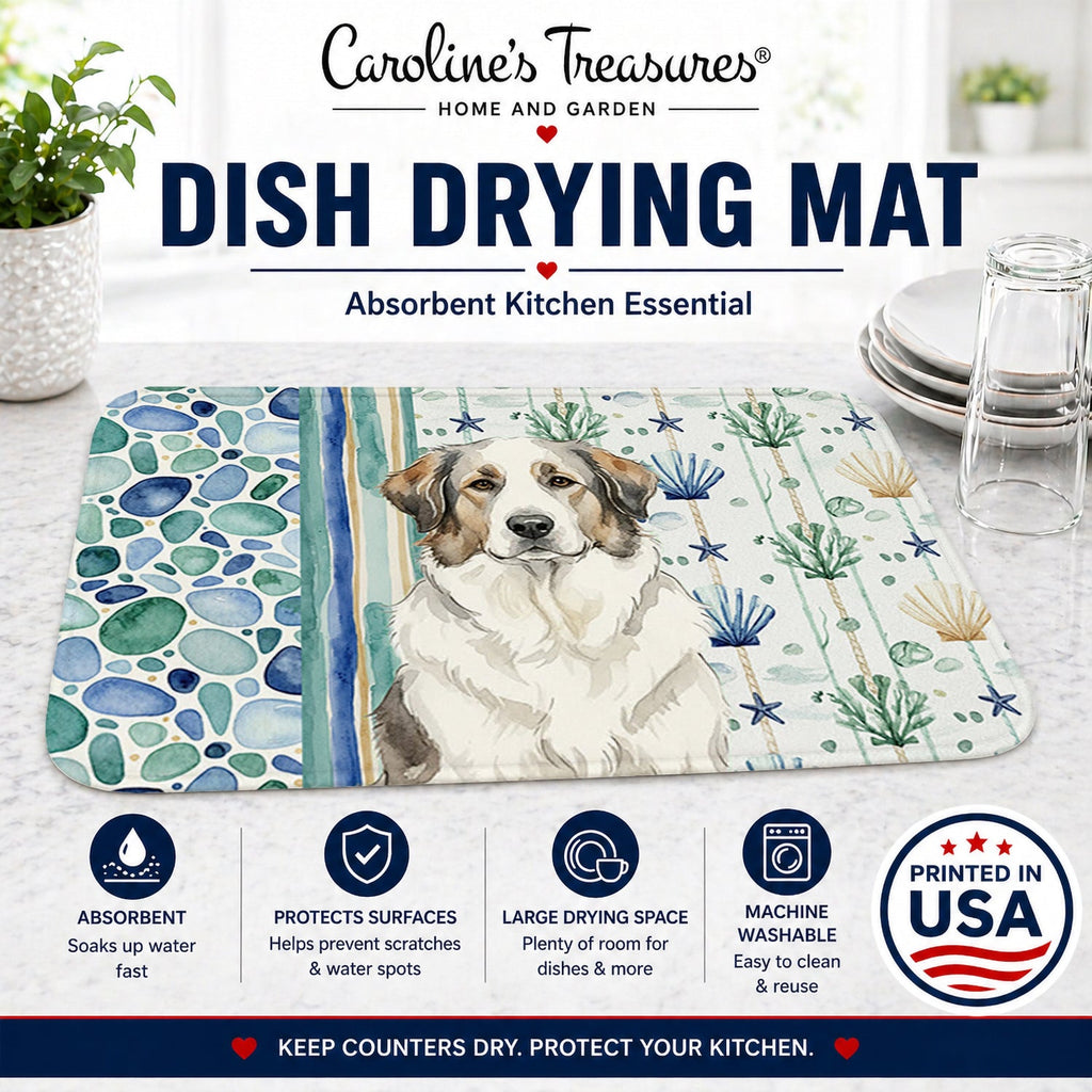 Badger Great Pyrenees Coastal Sea Glass Dish Drying Mat Absorbent Dish Drying Mat Pad for Kitchen Counter Dish Drainer Mat for Countertop, 14 x 21", Multicolor