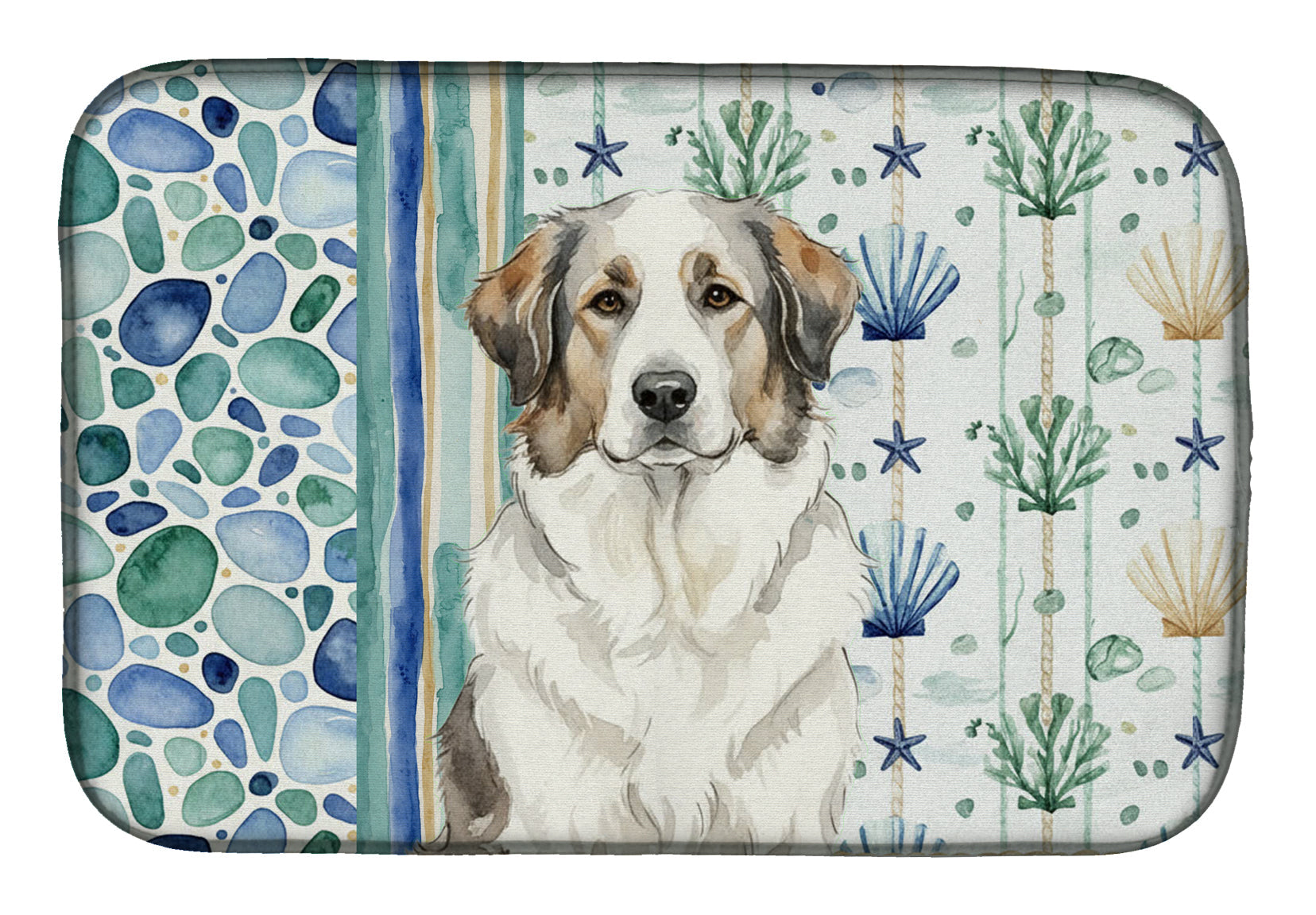 Badger Great Pyrenees Coastal Sea Glass Dish Drying Mat Absorbent Dish Drying Mat Pad for Kitchen Counter Dish Drainer Mat for Countertop, 14 x 21", Multicolor