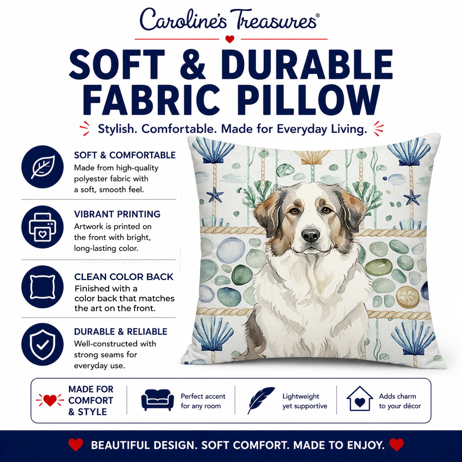 Badger Great Pyrenees Coastal Sea Glass Decorative Throw Pillow 18x18 Indoor Outdoor Accent Cushion, Fabric Cover with Insert for Sofa, Bed, Porch & Living Room