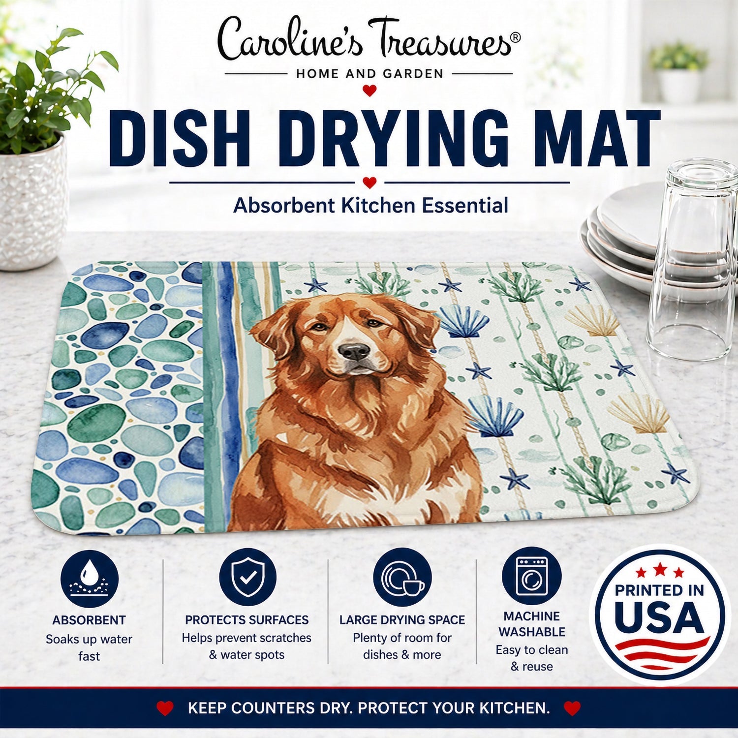 Reddish Brown Great Pyrenees Coastal Sea Glass Dish Drying Mat Absorbent Dish Drying Mat Pad for Kitchen Counter Dish Drainer Mat for Countertop, 14 x 21", Multicolor