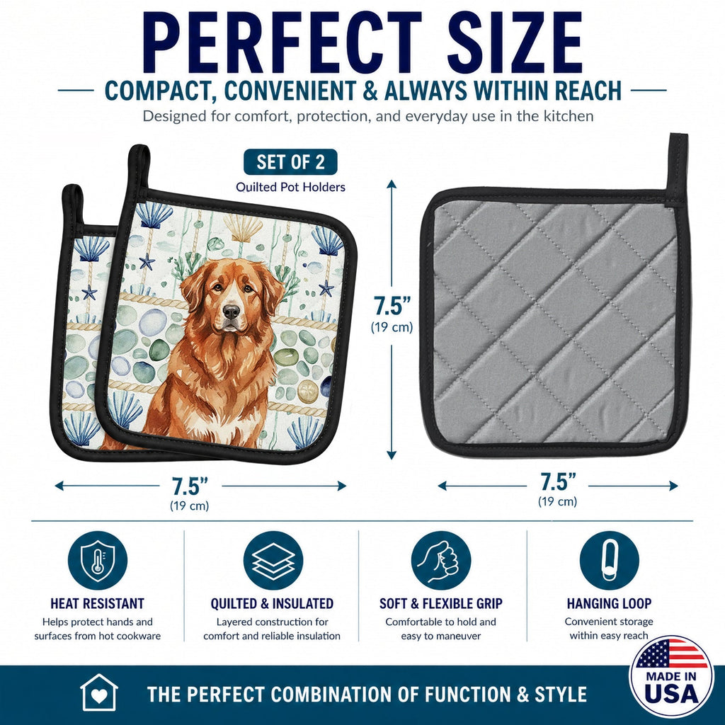 Reddish Brown Great Pyrenees Coastal Sea Glass Pot Holder Set of 2 Heat Resistant Quilted Hot Pads 7.5 x 7.5 Inch, Insulated Kitchen Trivets for Cooking & Baking