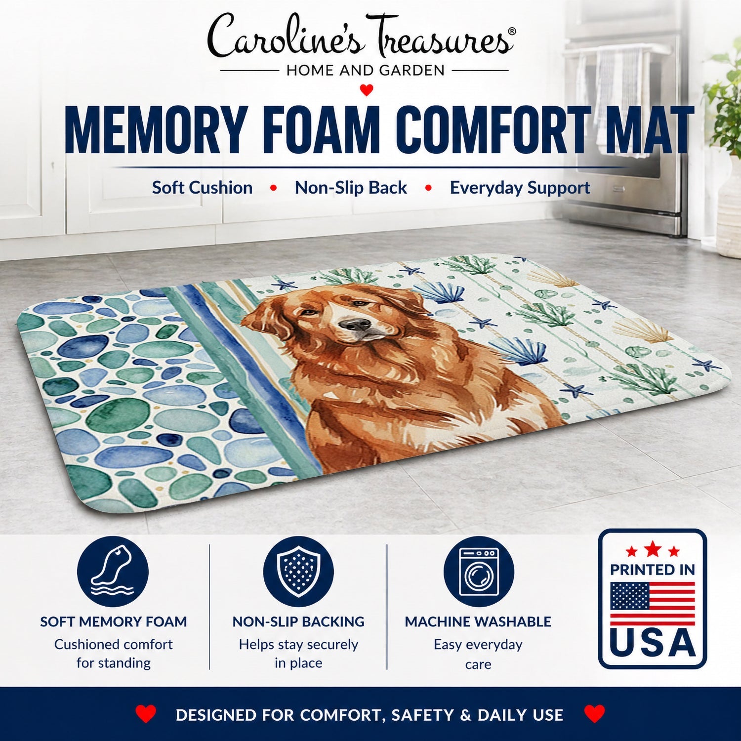 Reddish Brown Great Pyrenees Coastal Sea Glass Memory Foam Kitchen Mat Machine Washable Anti-Fatigue Cushion Comfort Bath or Kitchen Rug
