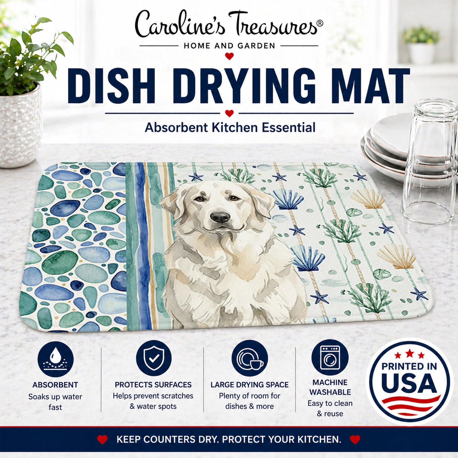 White Great Pyrenees Coastal Sea Glass Dish Drying Mat Absorbent Dish Drying Mat Pad for Kitchen Counter Dish Drainer Mat for Countertop, 14 x 21", Multicolor
