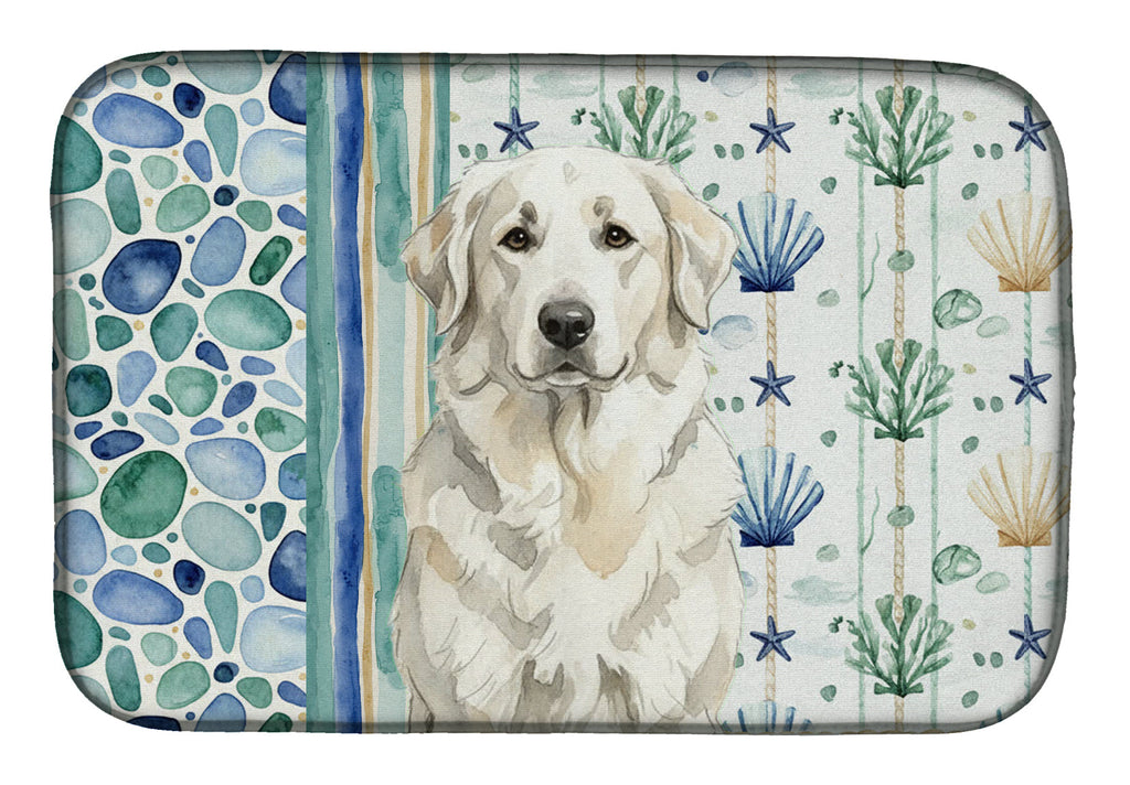 White Great Pyrenees Coastal Sea Glass Dish Drying Mat Absorbent Dish Drying Mat Pad for Kitchen Counter Dish Drainer Mat for Countertop, 14 x 21", Multicolor