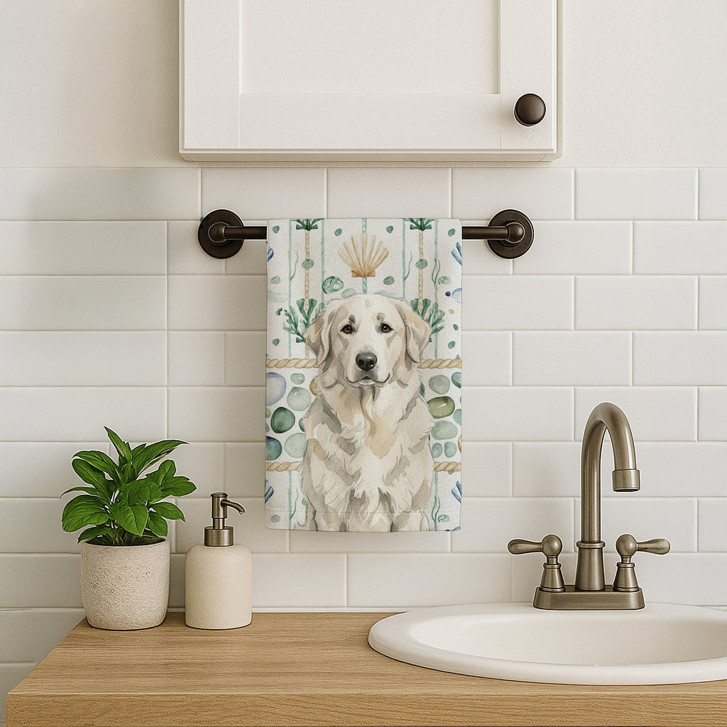White Great Pyrenees Coastal Sea Glass Kitchen Towel Velour Plush Front and Cotton Loop Back Machine Washable