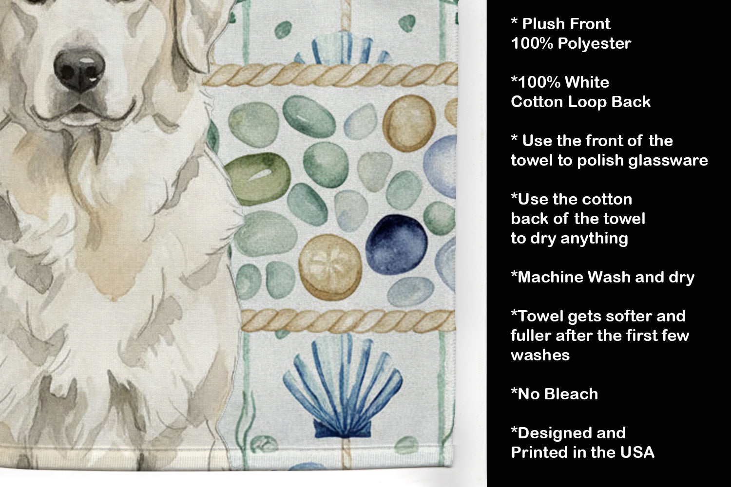 White Great Pyrenees Coastal Sea Glass Kitchen Towel Velour Plush Front and Cotton Loop Back Machine Washable
