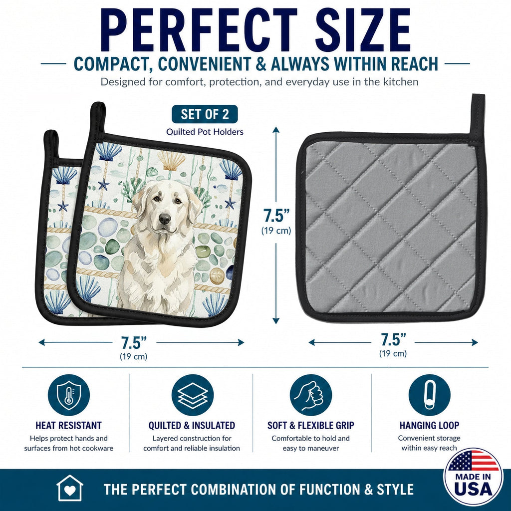 White Great Pyrenees Coastal Sea Glass Pot Holder Set of 2 Heat Resistant Quilted Hot Pads 7.5 x 7.5 Inch, Insulated Kitchen Trivets for Cooking & Baking