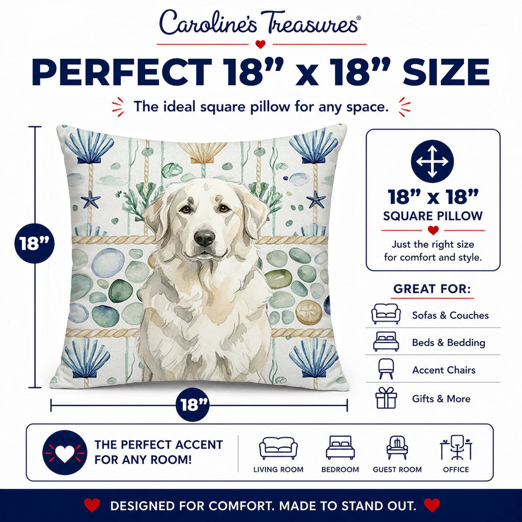 White Great Pyrenees Coastal Sea Glass Decorative Throw Pillow 18x18 Indoor Outdoor Accent Cushion, Fabric Cover with Insert for Sofa, Bed, Porch & Living Room
