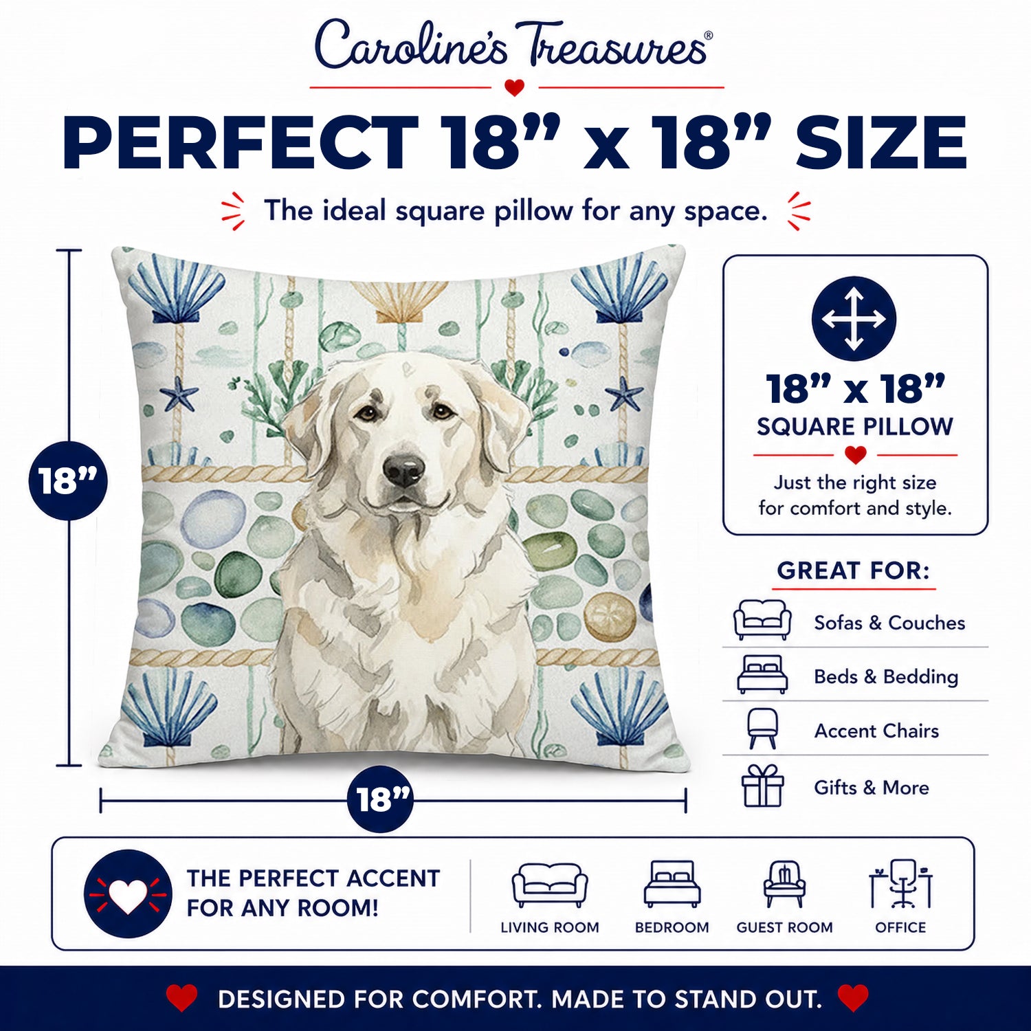 White Great Pyrenees Coastal Sea Glass Decorative Throw Pillow 18x18 Indoor Outdoor Accent Cushion, Fabric Cover with Insert for Sofa, Bed, Porch & Living Room